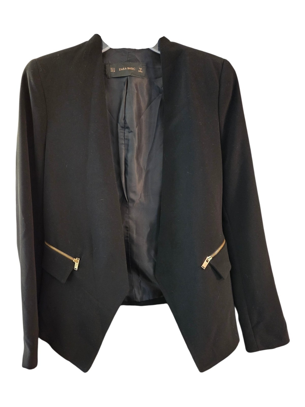 Zara Basic Black Open Front Blazer with Gold Zip Pocket Details - Size M